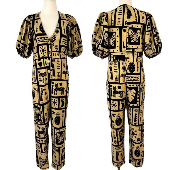 FARM Rio Linen Button-Down Jumpsuit Short Balloon Sleeve Beige/Black S - Picture 1 of 13